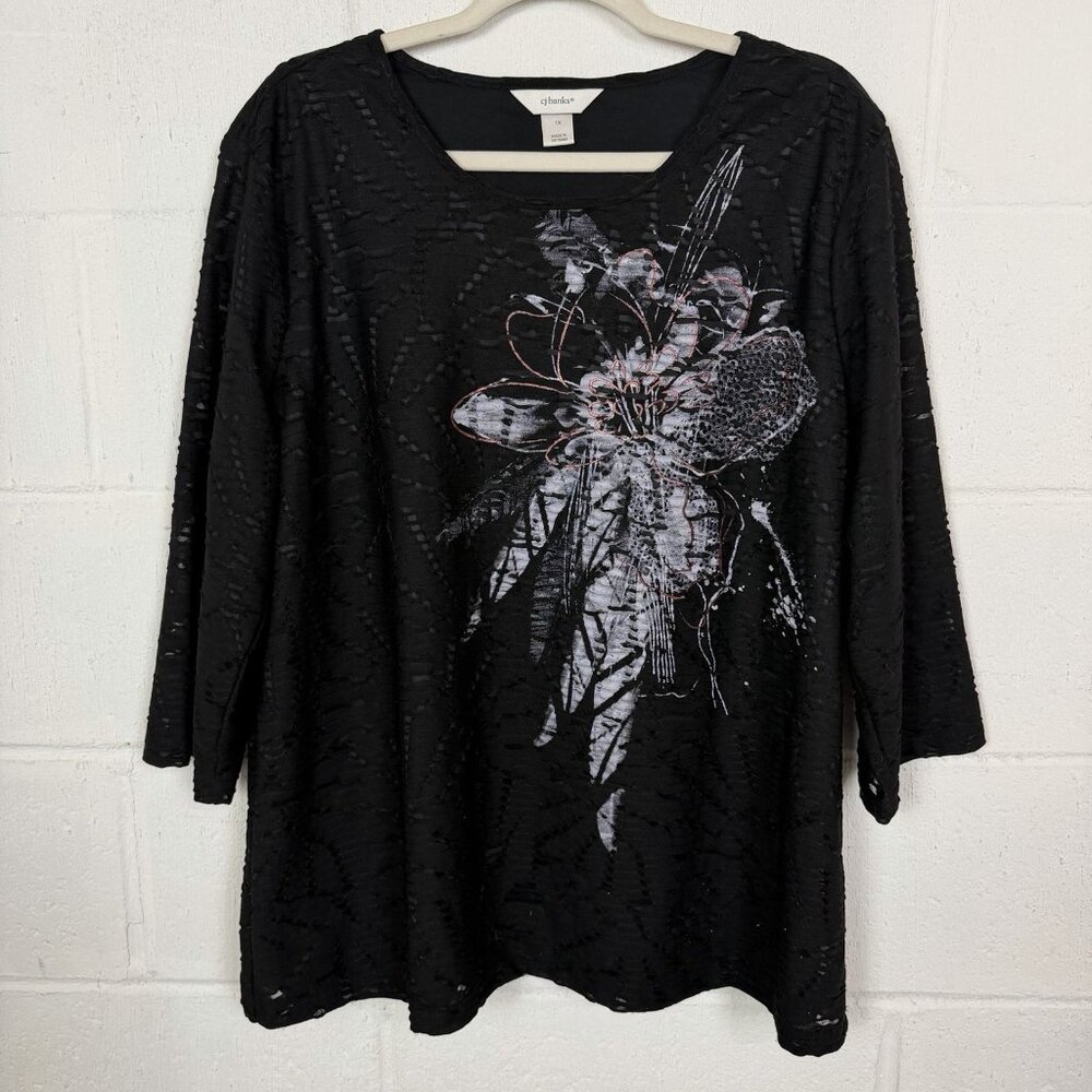 CJ Banks Lined Tunic Black Metallic Floral Sheer Sleeves Dark Fairy Artsy 1X